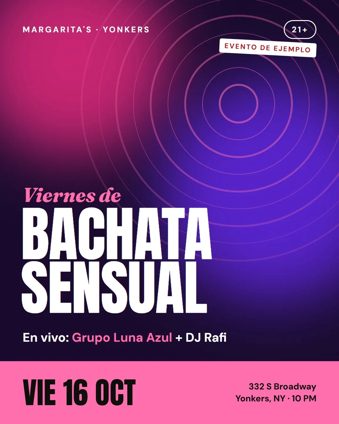 Flyer de ejemplo: Bachata Sensual, Grupo Luna Azul + DJ Rafi