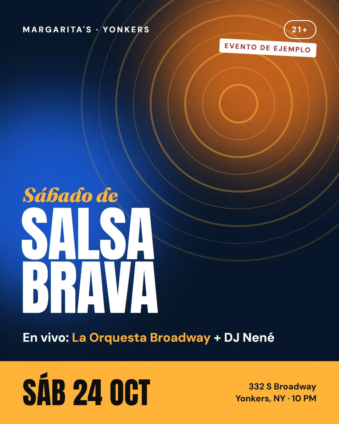 Flyer de ejemplo: Salsa Brava, La Orquesta Broadway + DJ Nené